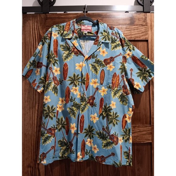 RJC Mens Hawaiian‎ Button Down SURF & GUITARS  Shirt Short Sleeve 1980s Vibe USA - Picture 1 of 6